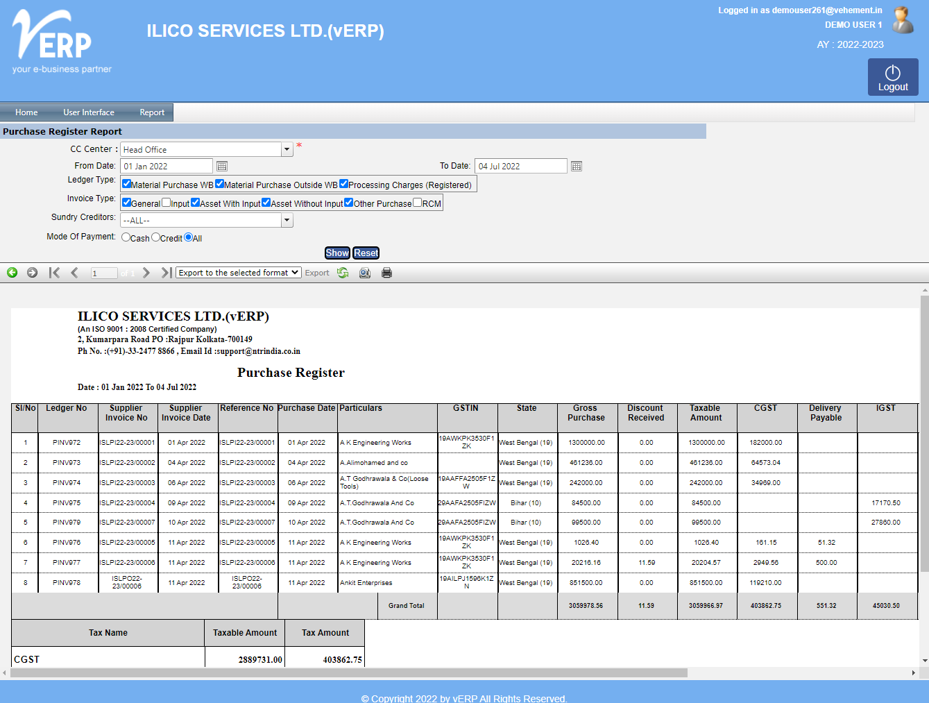 Purchase Register in Purchase ERP